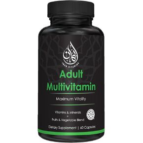 Halal Complete Multivitamin Capsules for Adults Men & Women | 42 Fruit & Vegetable Blend with Iron, Zinc, CoQ10, Folic Acid, and Vitamin A, B1, B3, B6, B12, C, D3, E | 60 Count
