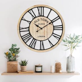 Large Wall Clock – Fashionable Farmhouse Style Decorative Living Room Clock, Rustic Roman Numeral Design,24inch Wooden Roman Number Wall Clock,Large Clock for Living Room
