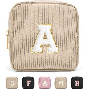 MAGEFY Makeup Bag Initial Mini Makeup Pouch Small Makeup Bag for Purse Corduroy Cute Cosmetic Pouch for Women with Slip-in Pockets (Pink-A)