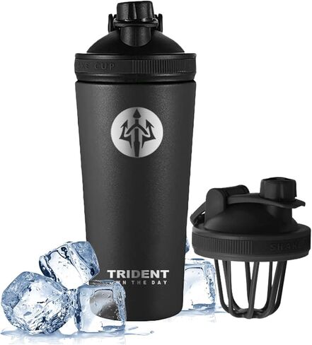 زجاجة شيكر معزولة سعة 26 أونصة من ترايدنت - زجاجة شيكر بروتين من الفولاذ المقاوم للصدأ بجدار مزدوج مع غطاء مانع للتسرب - مصممة للاهتزاز بدون ضوضاء، تناسب حاملات الأكواب القياسية (أبيض) in Kuwait