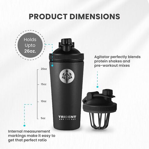 زجاجة شيكر معزولة سعة 26 أونصة من ترايدنت - زجاجة شيكر بروتين من الفولاذ المقاوم للصدأ بجدار مزدوج مع غطاء مانع للتسرب - مصممة للاهتزاز بدون ضوضاء، تناسب حاملات الأكواب القياسية (أبيض) in Kuwait