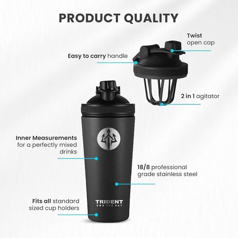 زجاجة شيكر معزولة سعة 26 أونصة من ترايدنت - زجاجة شيكر بروتين من الفولاذ المقاوم للصدأ بجدار مزدوج مع غطاء مانع للتسرب - مصممة للاهتزاز بدون ضوضاء، تناسب حاملات الأكواب القياسية (أبيض) in Kuwait