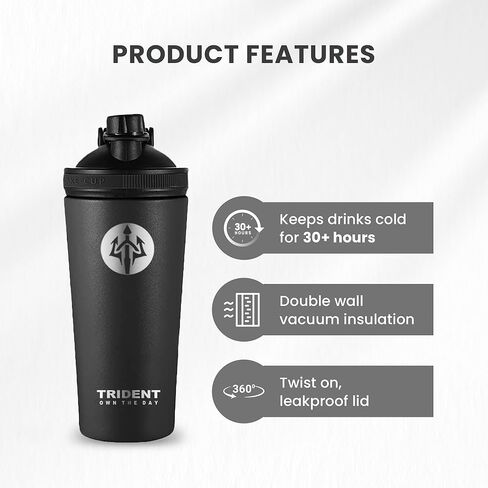 زجاجة شيكر معزولة سعة 26 أونصة من ترايدنت - زجاجة شيكر بروتين من الفولاذ المقاوم للصدأ بجدار مزدوج مع غطاء مانع للتسرب - مصممة للاهتزاز بدون ضوضاء، تناسب حاملات الأكواب القياسية (أبيض) in Kuwait