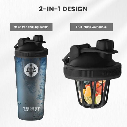 زجاجة شيكر معزولة سعة 26 أونصة من ترايدنت - زجاجة شيكر بروتين من الفولاذ المقاوم للصدأ بجدار مزدوج مع غطاء مانع للتسرب - مصممة للاهتزاز بدون ضوضاء، تناسب حاملات الأكواب القياسية (أبيض) in Kuwait
