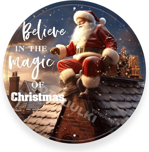 لافتة معدنية دائرية من القصدير لتزيين الحائط الريفي سانتا تؤمن بسحر إكليل عيد الميلاد مناسبة للمنزل والحديقة والمطبخ والمقهى والمطاعم والمرآب ديكور الحائط 12.00 بوصة × 12.00 بوصة in Kuwait
