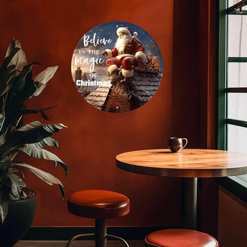 لافتة معدنية دائرية من القصدير لتزيين الحائط الريفي سانتا تؤمن بسحر إكليل عيد الميلاد مناسبة للمنزل والحديقة والمطبخ والمقهى والمطاعم والمرآب ديكور الحائط 12.00 بوصة × 12.00 بوصة in Kuwait