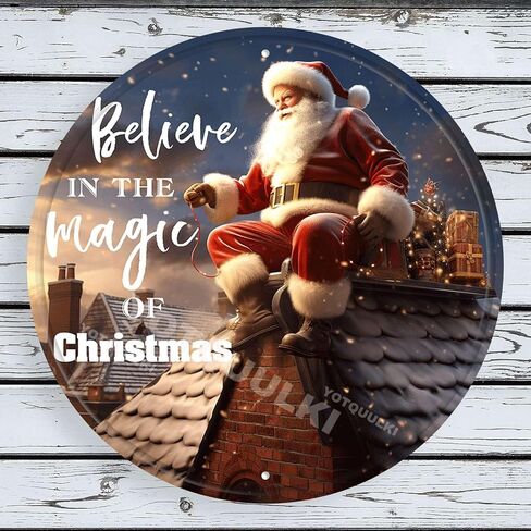 لافتة معدنية دائرية من القصدير لتزيين الحائط الريفي سانتا تؤمن بسحر إكليل عيد الميلاد مناسبة للمنزل والحديقة والمطبخ والمقهى والمطاعم والمرآب ديكور الحائط 12.00 بوصة × 12.00 بوصة in Kuwait