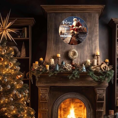 لافتة معدنية دائرية من القصدير لتزيين الحائط الريفي سانتا تؤمن بسحر إكليل عيد الميلاد مناسبة للمنزل والحديقة والمطبخ والمقهى والمطاعم والمرآب ديكور الحائط 12.00 بوصة × 12.00 بوصة in Kuwait