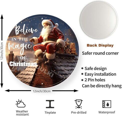 لافتة معدنية دائرية من القصدير لتزيين الحائط الريفي سانتا تؤمن بسحر إكليل عيد الميلاد مناسبة للمنزل والحديقة والمطبخ والمقهى والمطاعم والمرآب ديكور الحائط 12.00 بوصة × 12.00 بوصة in Kuwait