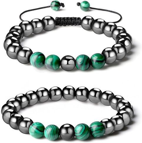 QINJIEJIE الهيماتيت العلاج سوار مجموعة الهيماتيت الخرز الاصطناعية الفيروز حجر بلوري الملاكيت حجر السج عين النمر زوجين أساور قابلة للتعديل وتمتد 8 مم للرجال النساء 2 جهاز كمبيوتر شخصى in Kuwait