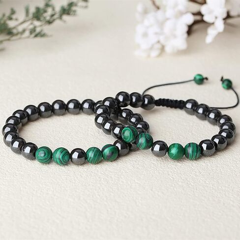 QINJIEJIE الهيماتيت العلاج سوار مجموعة الهيماتيت الخرز الاصطناعية الفيروز حجر بلوري الملاكيت حجر السج عين النمر زوجين أساور قابلة للتعديل وتمتد 8 مم للرجال النساء 2 جهاز كمبيوتر شخصى in Kuwait