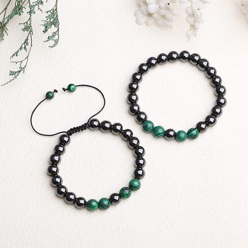 QINJIEJIE الهيماتيت العلاج سوار مجموعة الهيماتيت الخرز الاصطناعية الفيروز حجر بلوري الملاكيت حجر السج عين النمر زوجين أساور قابلة للتعديل وتمتد 8 مم للرجال النساء 2 جهاز كمبيوتر شخصى in Kuwait