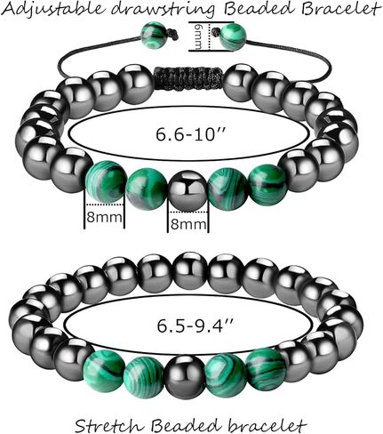 QINJIEJIE الهيماتيت العلاج سوار مجموعة الهيماتيت الخرز الاصطناعية الفيروز حجر بلوري الملاكيت حجر السج عين النمر زوجين أساور قابلة للتعديل وتمتد 8 مم للرجال النساء 2 جهاز كمبيوتر شخصى in Kuwait