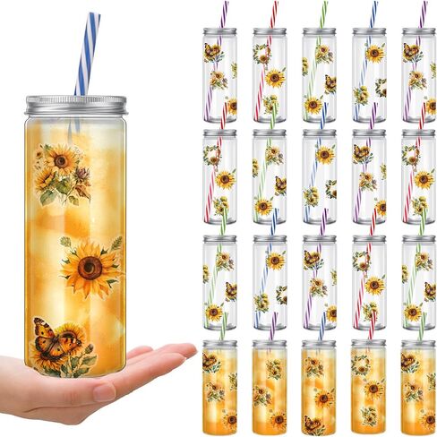 Irenare 20 Pcs 12 oz Sunflower Plastic Cups with Lids and Straws Summer Yellow Flower Clear Reusable Cups Sunflower Cold Drinking Cups Tumblers for Wedding Birthday Baby Shower Party Supplies in Saudi Arabia