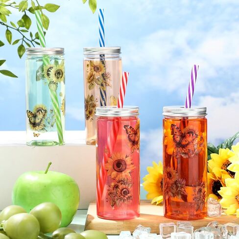 Irenare 20 Pcs 12 oz Sunflower Plastic Cups with Lids and Straws Summer Yellow Flower Clear Reusable Cups Sunflower Cold Drinking Cups Tumblers for Wedding Birthday Baby Shower Party Supplies in Saudi Arabia