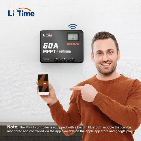 LiTime 60 أمبير MPPT 12V/24V/36V/48V/Auto DC وحدة التحكم بالشحن الشمسي مجهزة بوحدة بلوتوث مدمجة، مع شاشة LCD قابلة للتعديل ومؤشرات LED ولوحة شمسية in Kuwait