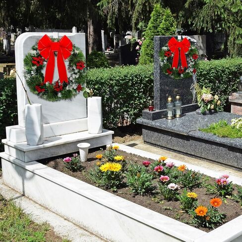 Hotop 2 Pcs Christmas Headstone Wreath Hanger Set for Cemetery Christmas Memorial Wreath for Grave Red Bowknot Natural Pine Cones Red Berries Wreath for Grave Marker Gravestone Decorations in Saudi Arabia