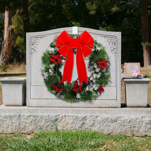 Hotop 2 Pcs Christmas Headstone Wreath Hanger Set for Cemetery Christmas Memorial Wreath for Grave Red Bowknot Natural Pine Cones Red Berries Wreath for Grave Marker Gravestone Decorations in Saudi Arabia