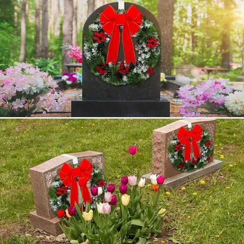 Hotop 2 Pcs Christmas Headstone Wreath Hanger Set for Cemetery Christmas Memorial Wreath for Grave Red Bowknot Natural Pine Cones Red Berries Wreath for Grave Marker Gravestone Decorations in Saudi Arabia