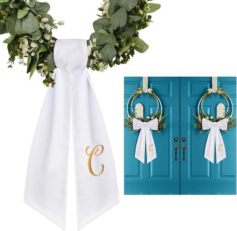 2 Pack Wreath Sash for Front Door Monogrammed Embroidery Wreath Sash for Boxwood Front Door Porch Wreath Garland Decor(Letter C) in Kuwait