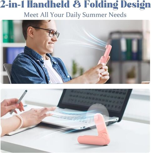 JSQBD Portable Handheld Fan, 2 IN 1 Mini Hand Fan, Battery Operated [8-15 Working Hours], USB Rechargeable Personal Foldable Fan for Indoor, Small Pocket Fan Travel Essentials for Outdoor -Pink in Saudi Arabia