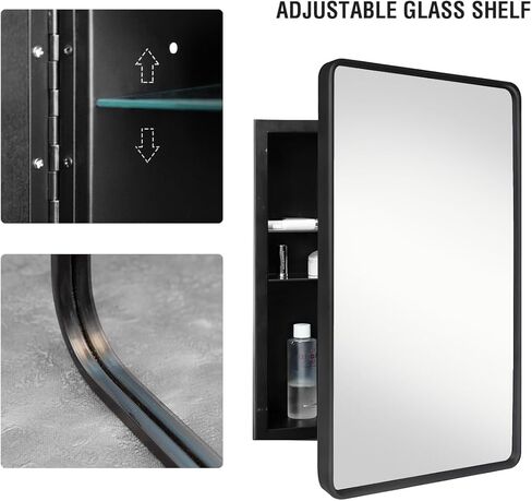 خزانة أدوية سوداء مع مرآة، منظم خزانة للطب، خزانة أدوية فوق المرحاض، خزانة أدوية مجوفة، خزانة حائط للحمام بإطار معدني أسود، مقاس 16 × 24 بوصة in Kuwait