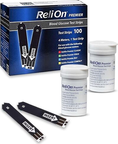 Blood Glucose Test Strips | Accurate Blood Glucose Monitoring | Relion Premier Test Strips 100 Count | Tiras para Medir la Glucosa | Compatible with ReliOn Premier Meters in Saudi Arabia