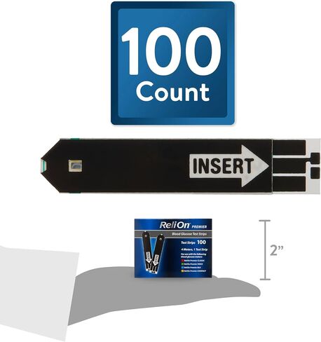 Blood Glucose Test Strips | Accurate Blood Glucose Monitoring | Relion Premier Test Strips 100 Count | Tiras para Medir la Glucosa | Compatible with ReliOn Premier Meters in Saudi Arabia
