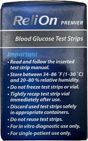Blood Glucose Test Strips | Accurate Blood Glucose Monitoring | Relion Premier Test Strips 100 Count | Tiras para Medir la Glucosa | Compatible with ReliOn Premier Meters in Saudi Arabia