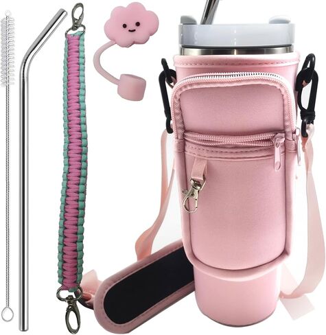 For Stanley 40 oz Cup Accessories, Water Bottle Holder with Handle, Chloroprene Coffee Cup Holder, Dual Storage Pocket Design,stanley water bottle strap in Saudi Arabia
