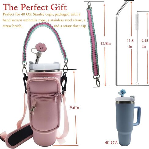For Stanley 40 oz Cup Accessories, Water Bottle Holder with Handle, Chloroprene Coffee Cup Holder, Dual Storage Pocket Design,stanley water bottle strap in Saudi Arabia