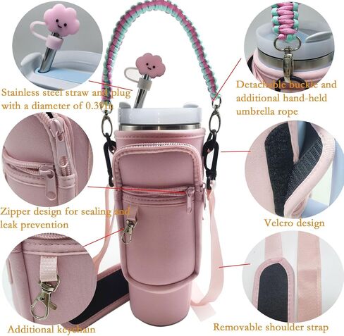 For Stanley 40 oz Cup Accessories, Water Bottle Holder with Handle, Chloroprene Coffee Cup Holder, Dual Storage Pocket Design,stanley water bottle strap in Saudi Arabia