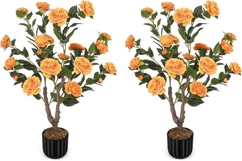 Artificial Camellia Tree for Indoor and Outdoor, Faux Flower Tree Plant in Pot Fake Topiaries for Home Front Porch Decor (2, Orange) in Kuwait