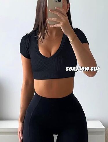 TZLDN Womens Short Sleeve V Neck Crop Tops Workout Fitted Gym Shirts Compression Athletic Seamless Ribbed Yoga Sports Top in Saudi Arabia