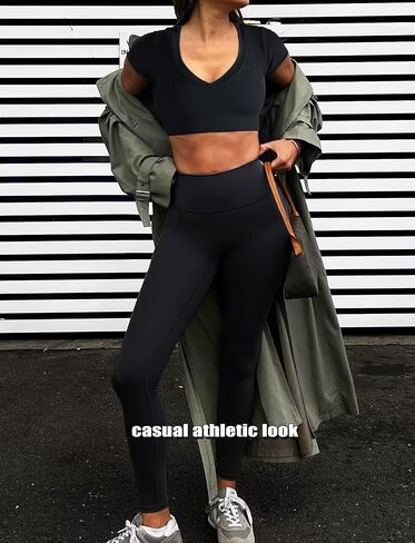 TZLDN Womens Short Sleeve V Neck Crop Tops Workout Fitted Gym Shirts Compression Athletic Seamless Ribbed Yoga Sports Top in Saudi Arabia
