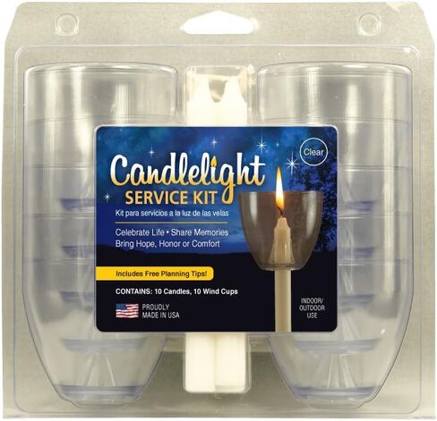 Candlelight Service Kit (Pack of 10) Includes (10) Clear Wind/Drip Cups and (10) .5" X 5.375" Unscented White Candles Made in USA in Saudi Arabia