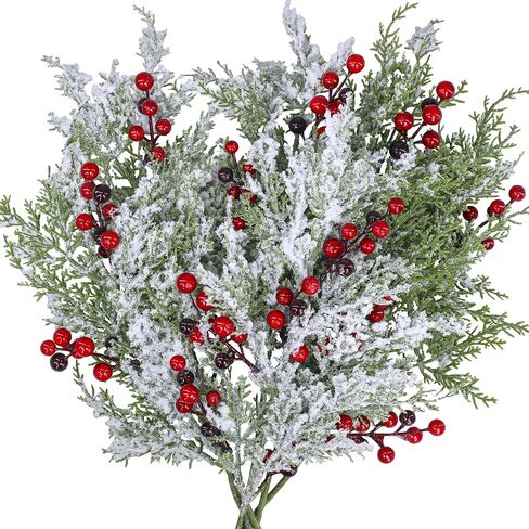 Winlyn 6 Pcs Snowy Artificial Cedar Picks with Red Berries Frosted Faux Cedar Sprays Christmas Cedar Greenery Branches Stems for Christmas Tree Wreath Floral Arrangement Vase Winter Holiday Décor in Saudi Arabia