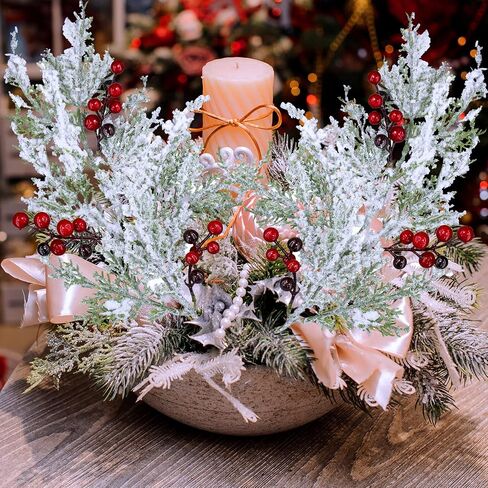 Winlyn 6 Pcs Snowy Artificial Cedar Picks with Red Berries Frosted Faux Cedar Sprays Christmas Cedar Greenery Branches Stems for Christmas Tree Wreath Floral Arrangement Vase Winter Holiday Décor in Saudi Arabia