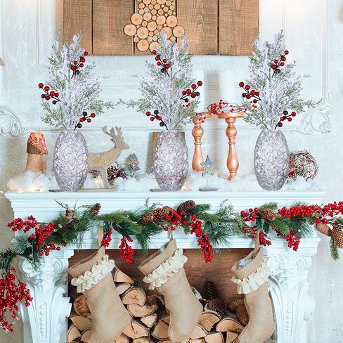 Winlyn 6 Pcs Snowy Artificial Cedar Picks with Red Berries Frosted Faux Cedar Sprays Christmas Cedar Greenery Branches Stems for Christmas Tree Wreath Floral Arrangement Vase Winter Holiday Décor in Saudi Arabia