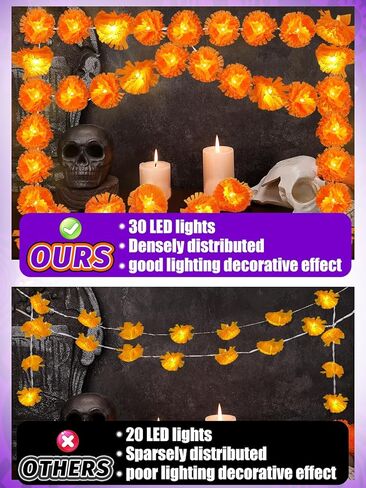 سلسلة أضواء القطيفة بطول 10 أقدام، مع 30 زهرة قطيفة صناعية LED ليوم ديوالي ديبافالي ليوم الموتى الهندي لديكور المنزل لحفلات الزفاف في الهالوين، تعمل بالبطارية (غير متضمنة) in Kuwait
