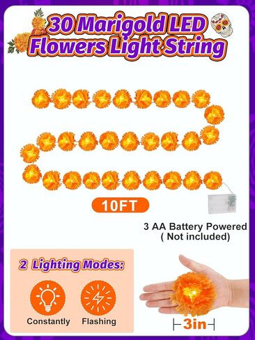 سلسلة أضواء القطيفة بطول 10 أقدام، مع 30 زهرة قطيفة صناعية LED ليوم ديوالي ديبافالي ليوم الموتى الهندي لديكور المنزل لحفلات الزفاف في الهالوين، تعمل بالبطارية (غير متضمنة) in Kuwait