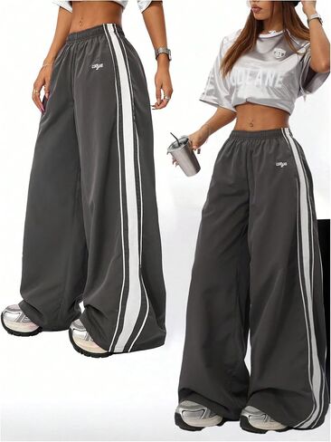 GORGLITTER Women's Y2k Track Pants Contrasting Trim High Waist Baggy Wide Leg Parachute Pants in Saudi Arabia