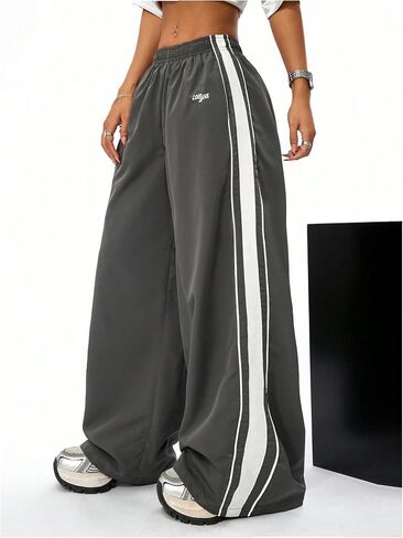 GORGLITTER Women's Y2k Track Pants Contrasting Trim High Waist Baggy Wide Leg Parachute Pants in Saudi Arabia