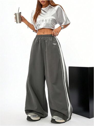 GORGLITTER Women's Y2k Track Pants Contrasting Trim High Waist Baggy Wide Leg Parachute Pants in Saudi Arabia