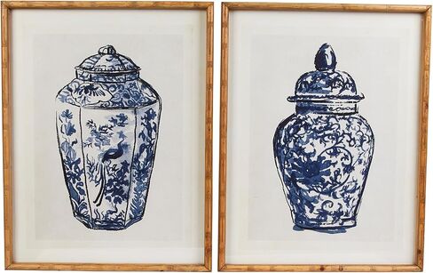 Creative Co-Op Wood Framed Ginger Jar Wall Art with Glass Cover, Multicolor, Set of 2 in Saudi Arabia