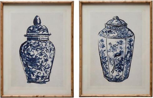 Creative Co-Op Wood Framed Ginger Jar Wall Art with Glass Cover, Multicolor, Set of 2 in Saudi Arabia