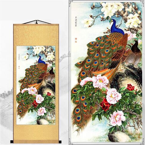 Zzooi Chinese Elegant Art Peafowls Painting Wall Art Hanging Scroll in Saudi Arabia