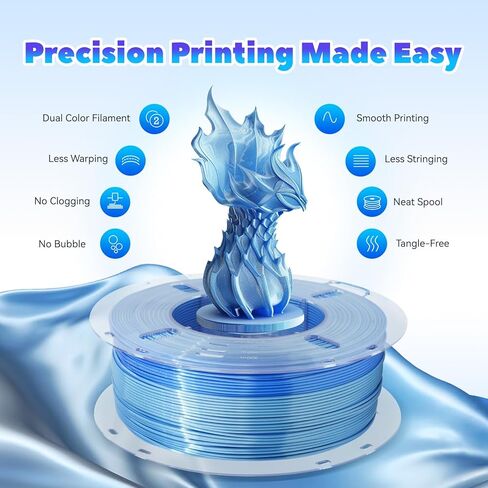 خيوط حرير مزدوجة اللون من FilaBees أزرق فضي، خيوط معدنية لامعة، 2 في 1 خيوط PLA من الحرير المشترك 1.75 مم، تغيير لون خيوط الطابعة ثلاثية الأبعاد 1 كجم (2.2 رطل)، دقة الأبعاد +/- 0.02 مم in Kuwait
