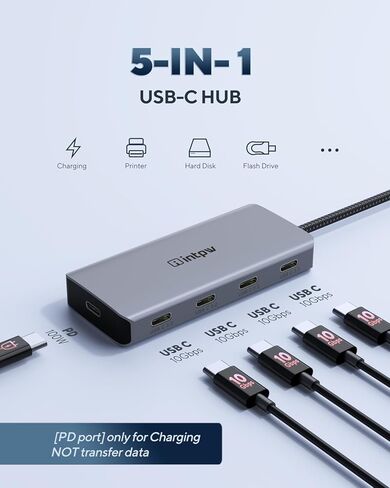 موزع USB C، موزع USB C intpw بسرعة 10 جيجابت في الثانية مع 2 USB A، 2 USB C 3.2 بيانات، منفذ شحن PD 100 وات، محور USB 3.2 مدعوم لأجهزة MacBook Pro/Air M2 M1، iPad، Surface Pro، Dell، HP، Lenovo والمزيد من النوع أجهزة ج in Kuwait