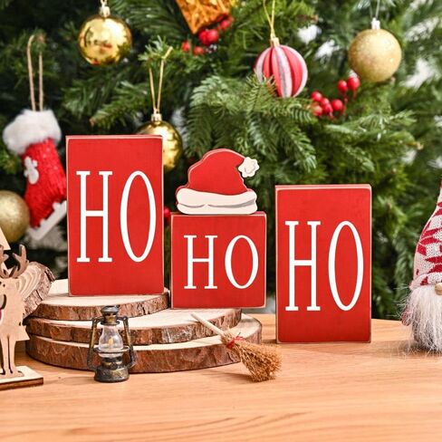 Christmas Decorations, Red HO HO HO Wooden Blocks with Santa's Missing Hat, Christmas Ornaments for Home, Rustic Christmas Decorations for Tiered Tray, Shelf, Tabletop Fireplace in Kuwait